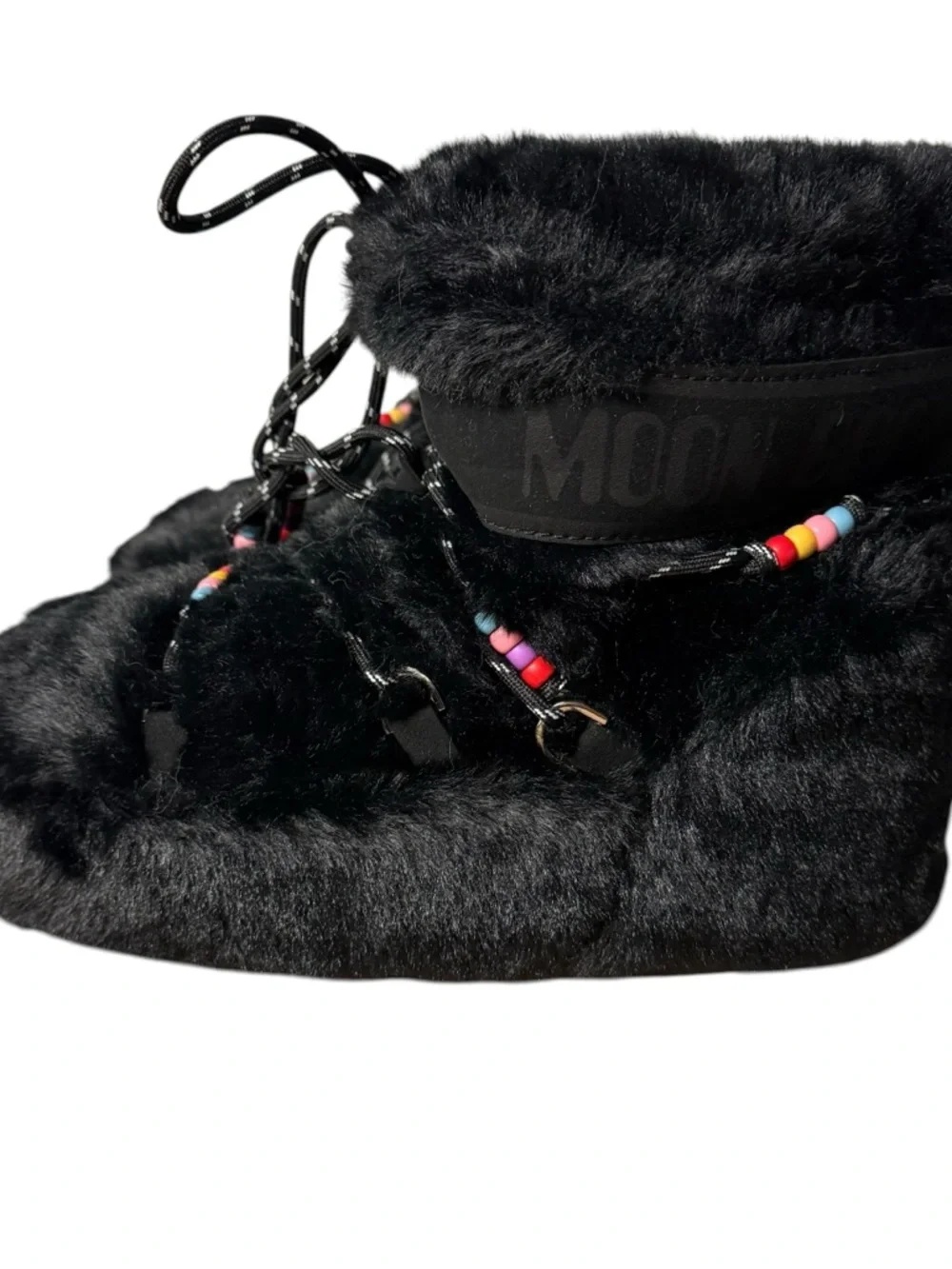 Moon Boots Black Faux Fur Beaded women’s size US 7-8.5